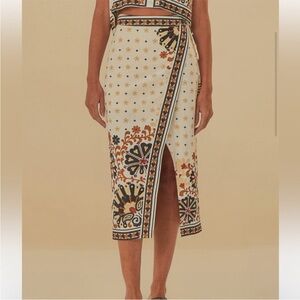 Farm Rio Flower Fan Tapestry Off-White Wrap Midi Skirt *Flawed
